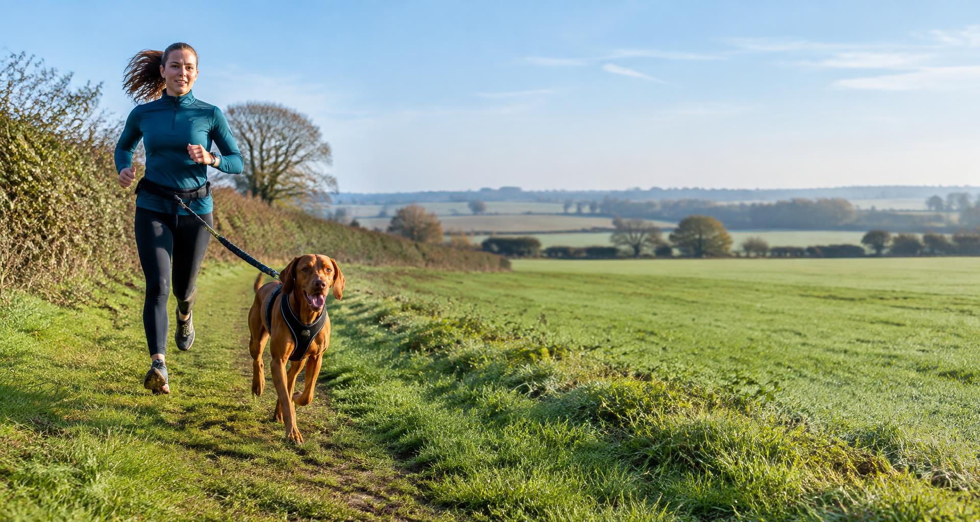 A runner and a vizsla in a running harness on a countryside trail