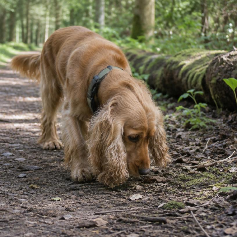 Spaniel sniffing a woodland path